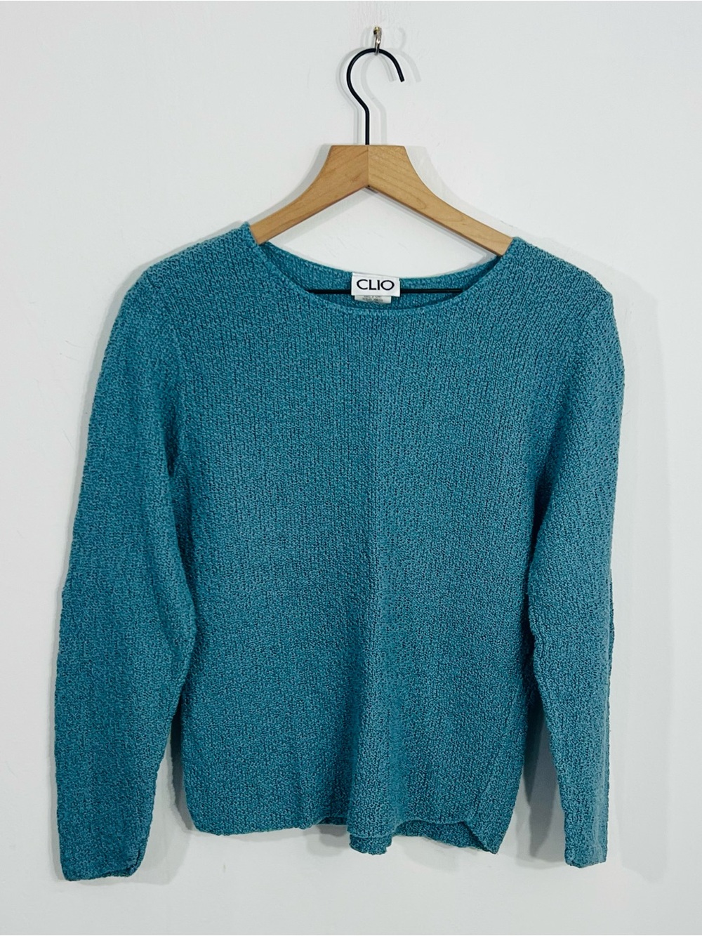 CLIO Blue Textured Knit Crew Neck Pullover Long Sleeve Sweater Made in USA